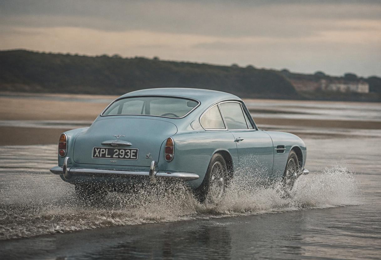 Vintage sports car in shallow water