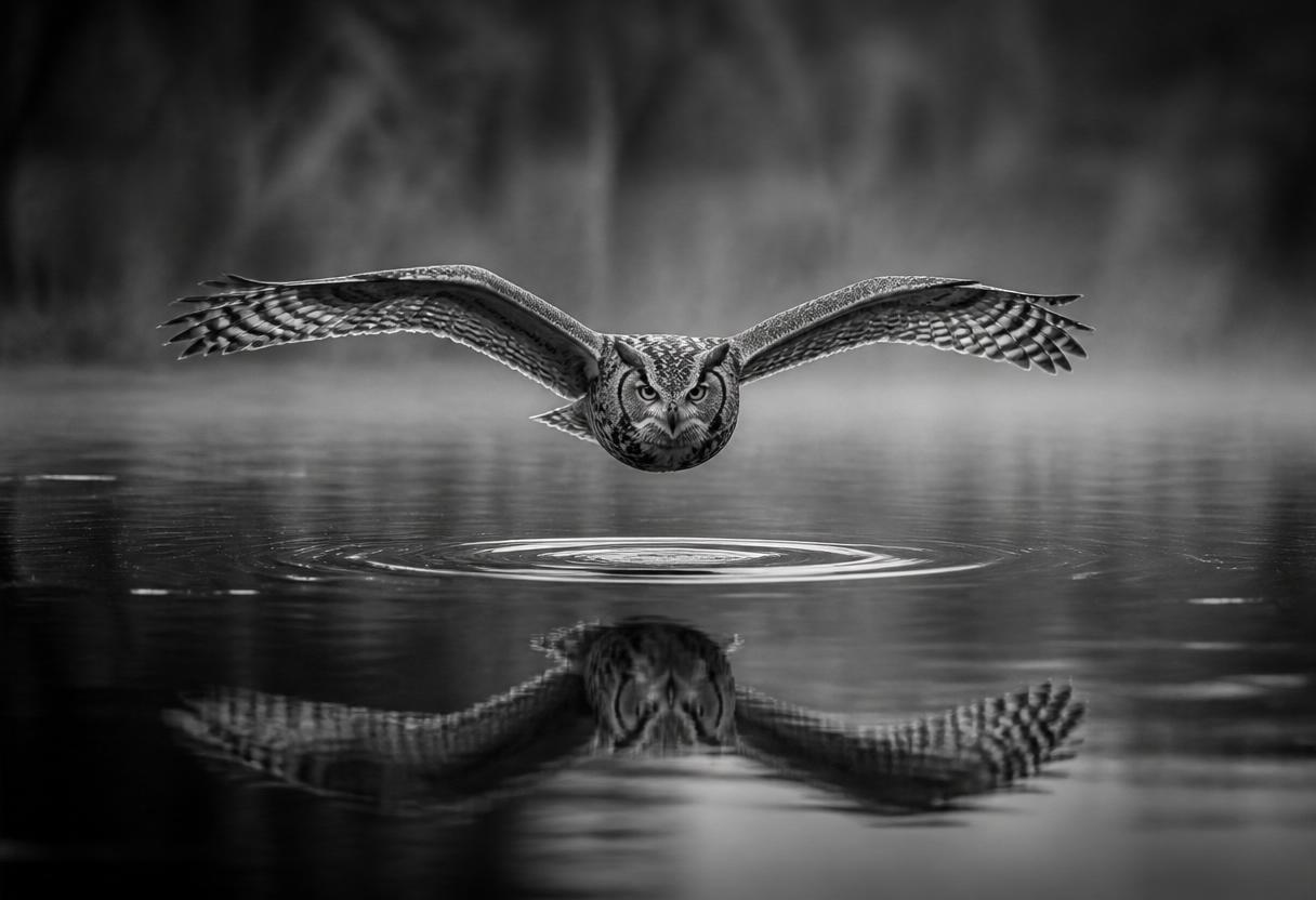 Owl flying over misty water