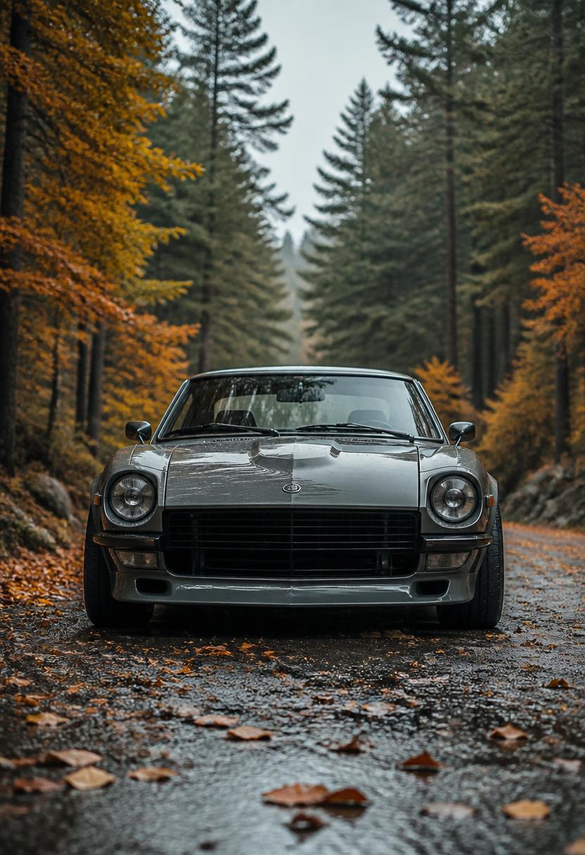 Sports coupe on a wet forest road
